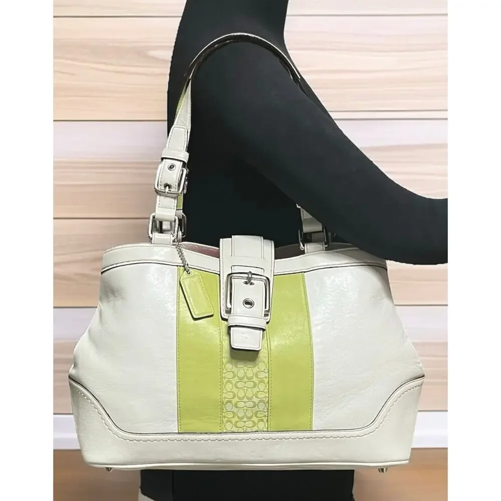 Y2K Coach F11345 Hamptons Leather Striped Satchel Bag & Mini Signature Wristlet